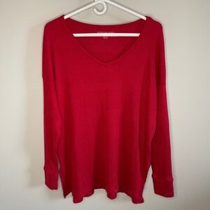 American Eagle Red V-Neck Long Sleeve Ribbed Knit Top Blouse Womens Medium‎